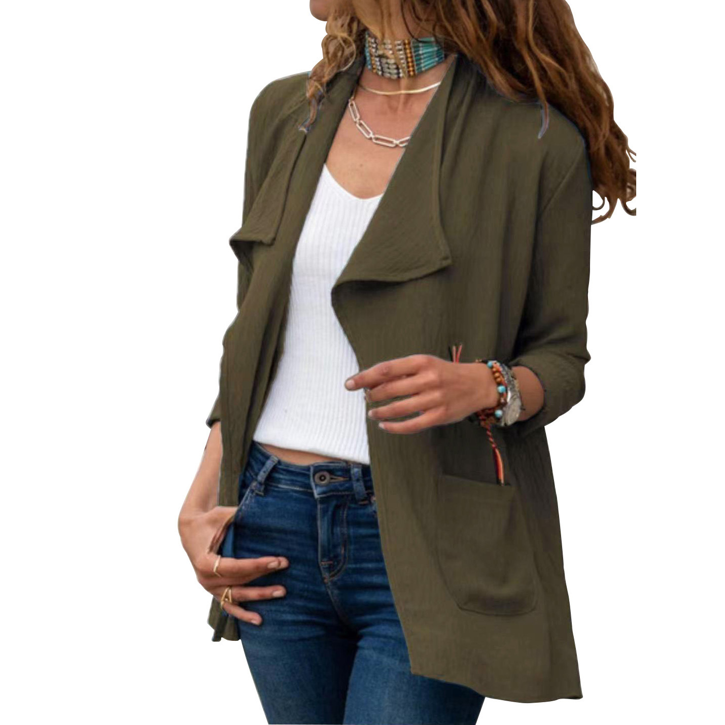 Women's Solid Color Long sleeved Short Windbreaker Casual All match Cardigan Jacket Green - Shop at LoveMi