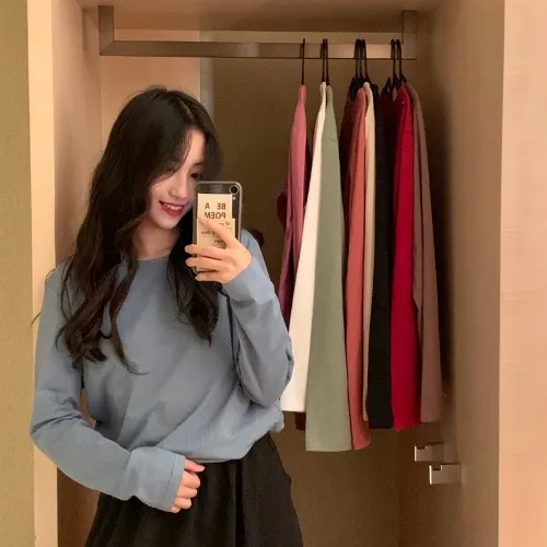 Bottoming Shirt Long Sleeve T shirt Women''s Wear Clothes Early Blue - Shop at LoveMi