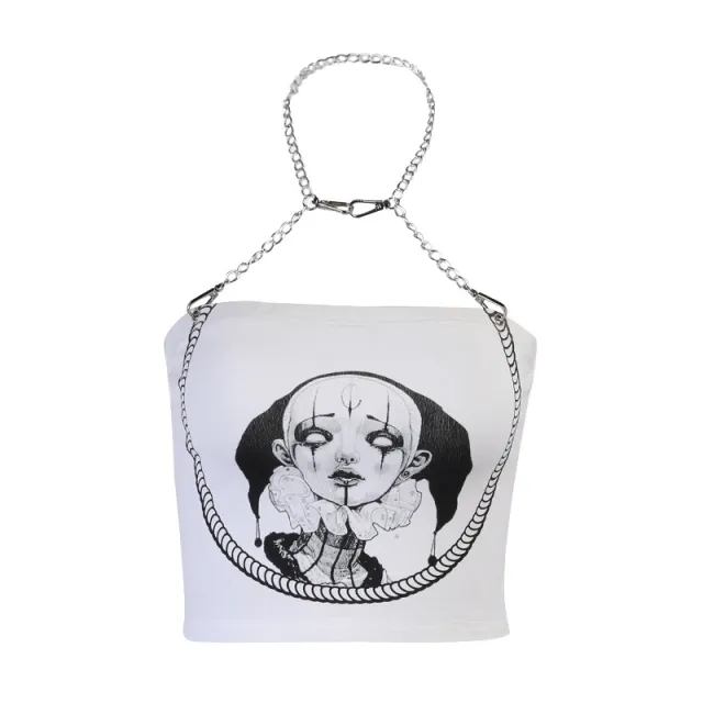 Chain Cartoon Print Sexy Navel Bare Back Halter Tank Top White - Shop at LoveMi