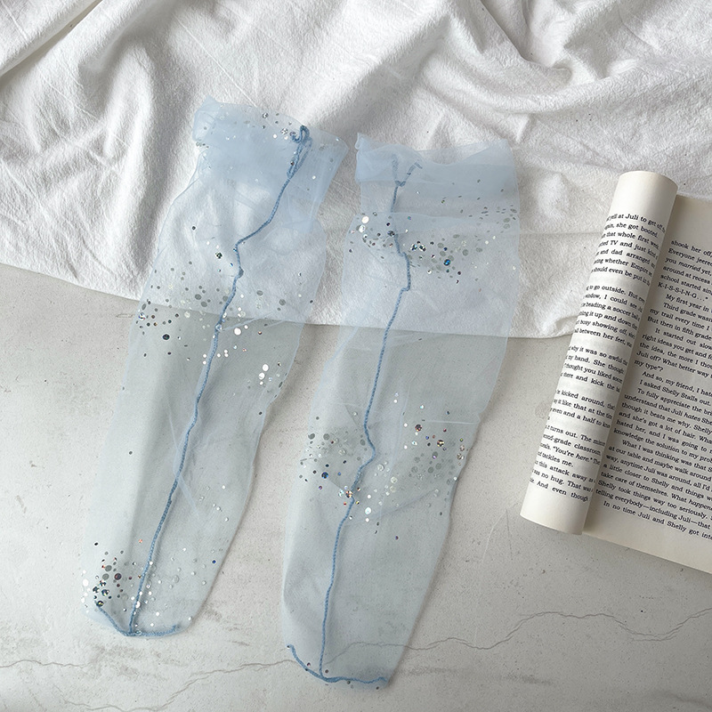 Fantasy Galaxy Shiny Mesh Transparent Ladies Socks – Light Blue, One size