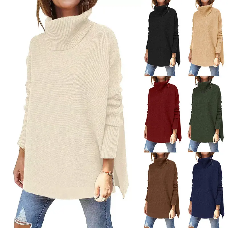 Turtleneck Sweater Mid Length Batwing Sleeve Slit Hem Tunic