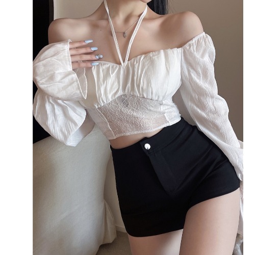 Women's Corset Halter Cropped Long Sleeve Top
