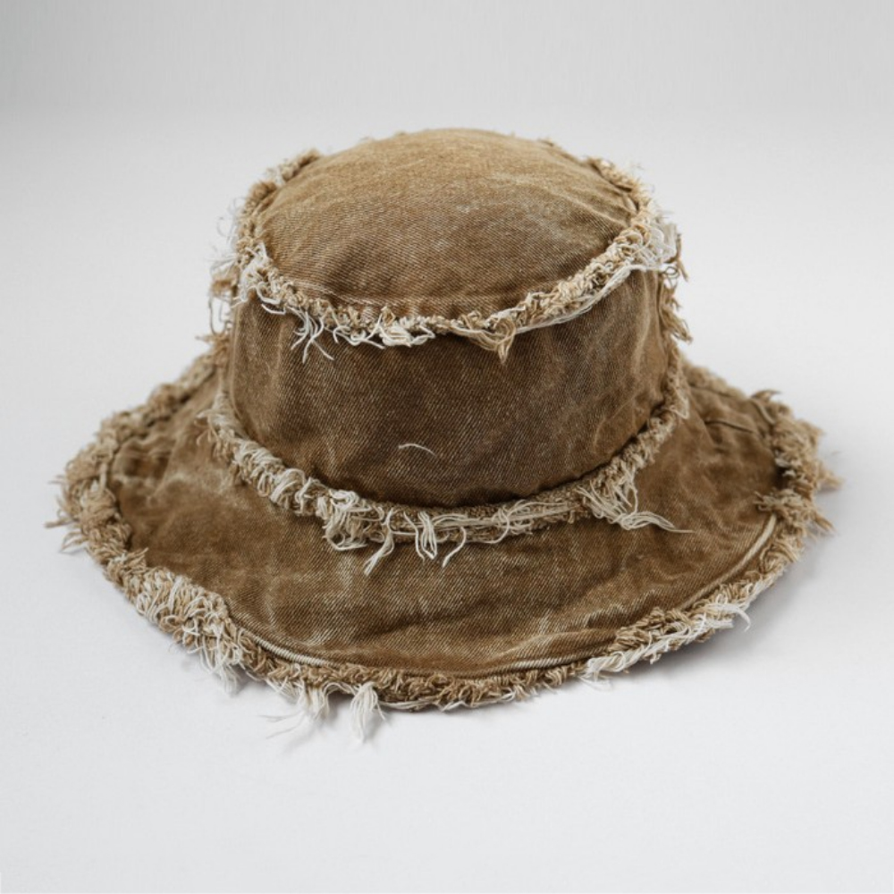 Japanese-style Vintage Water-washed Fringed Boater Hat, Distressed And Bleached, With Torn Brim And Wide Brimmed Denim Bucket Hat