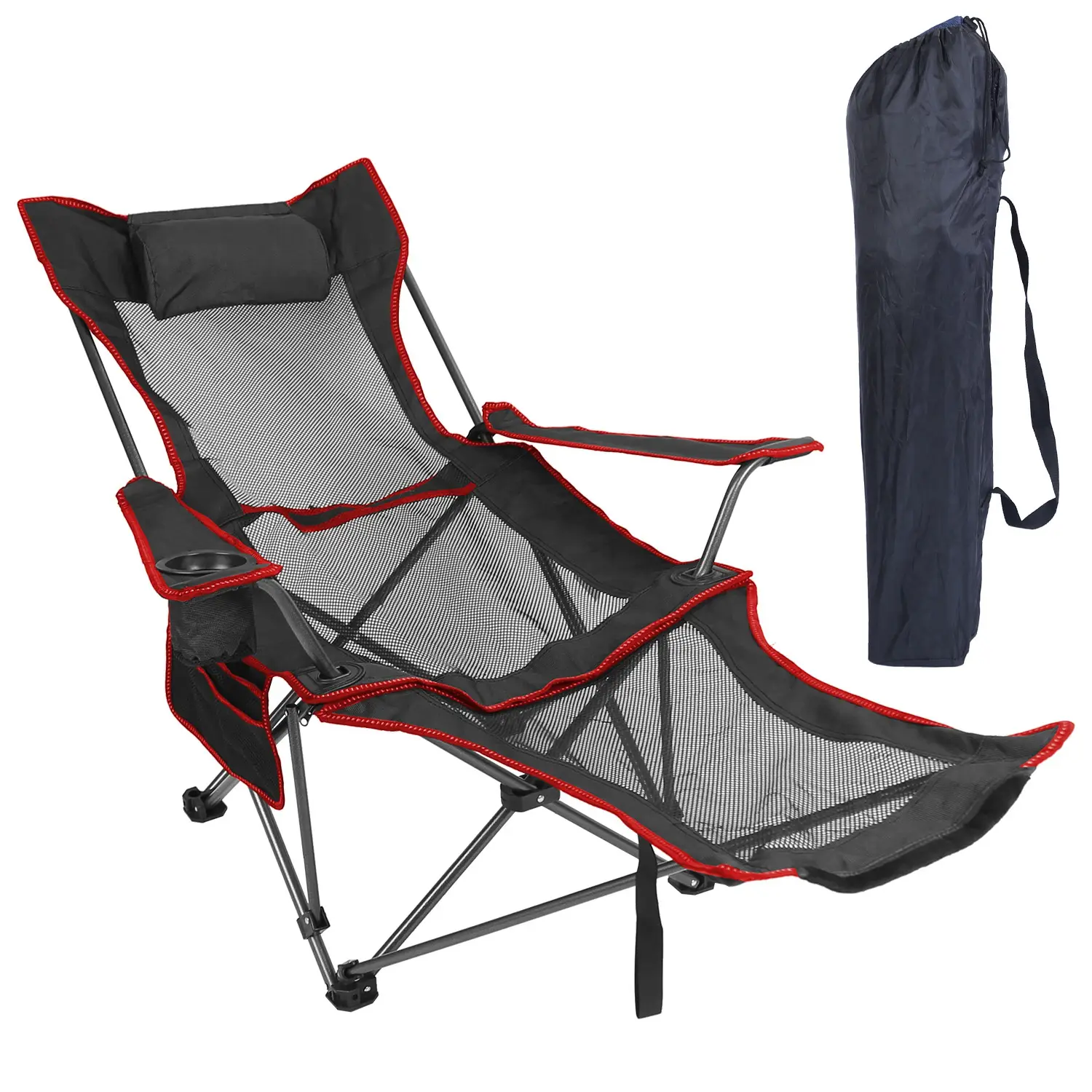 1Pc Foldable Camping Chair 330LBS Load Heavy Duty Steel Lawn Chair Collapsible Chair With Reclining Backrest Angle Cup Holder Pillow Side Pocket Carry Bag