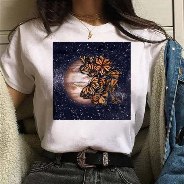 Printed White Ladies Casual Loose Personality Short Sleeves White11 - Shop at LoveMi