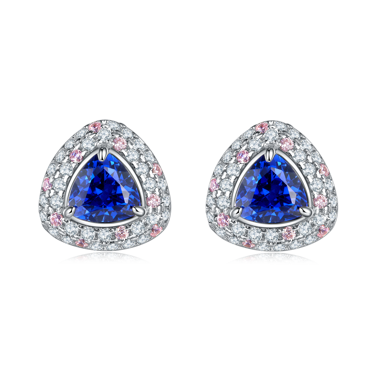 S925 Silver 3g 1.6ct Lab-Created Sapphire Earrings, 6mm Trillion Cut Halo, Pair