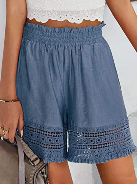 Ladies Casual Loose Solid Color Patchwork Elastic Waist Shorts Blue - Shop at LoveMi