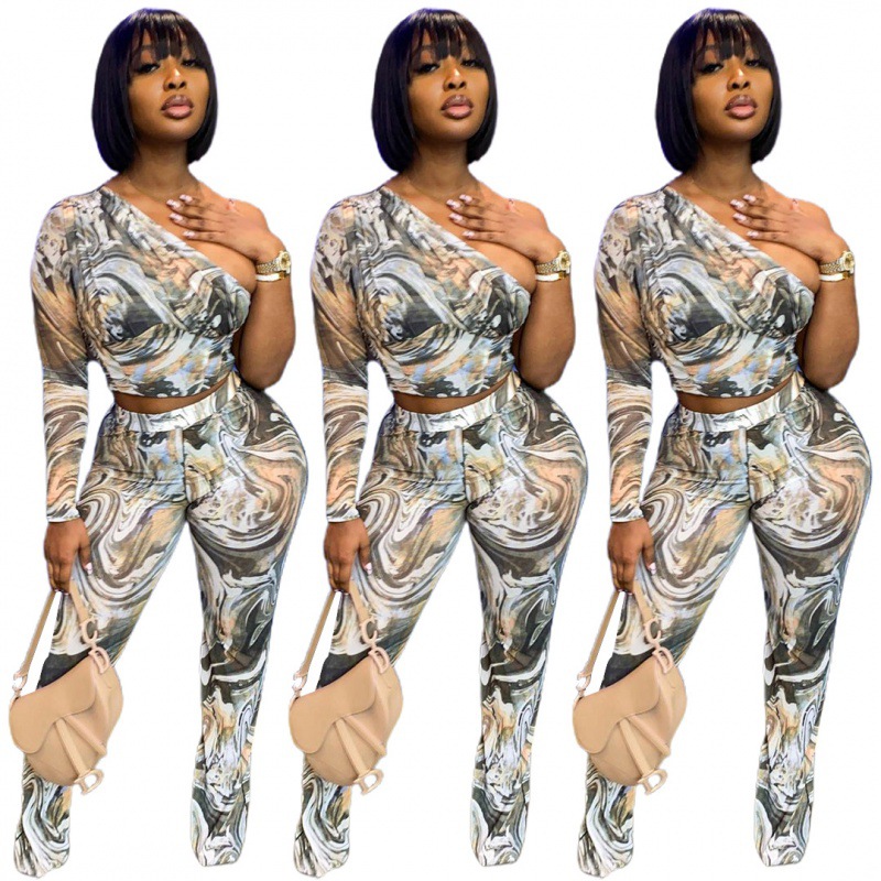 New Women's Retro Slim Pants Off Shoulder Long Sleeve High Waist 2 Piece Set