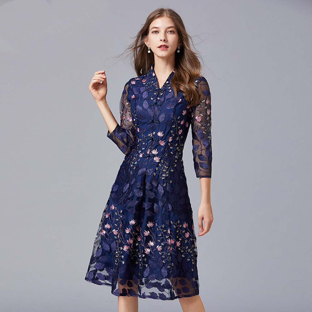 Embroidered Cheongsam V-neck Temperament Dress — image 1
