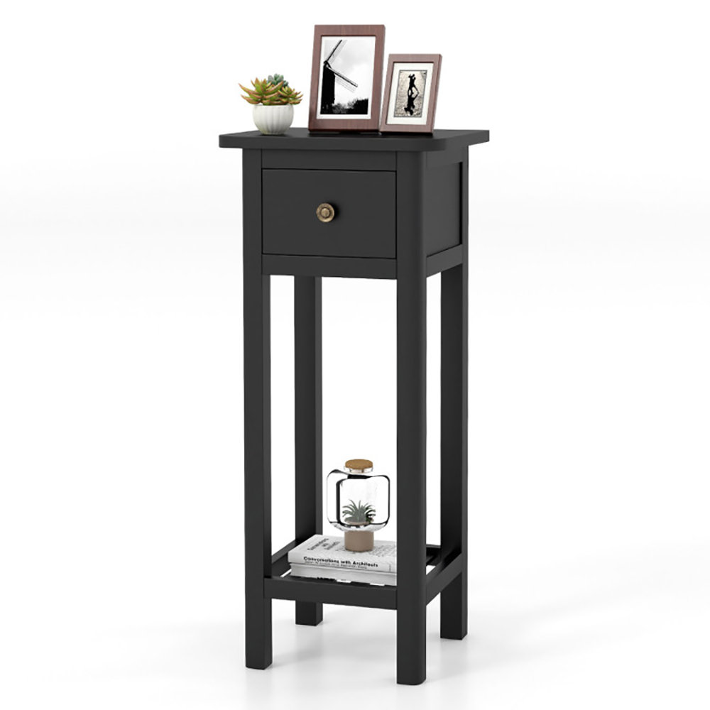2 Tier Slim Nightstand Bedside Table With Drawer Shelf_voghion.com