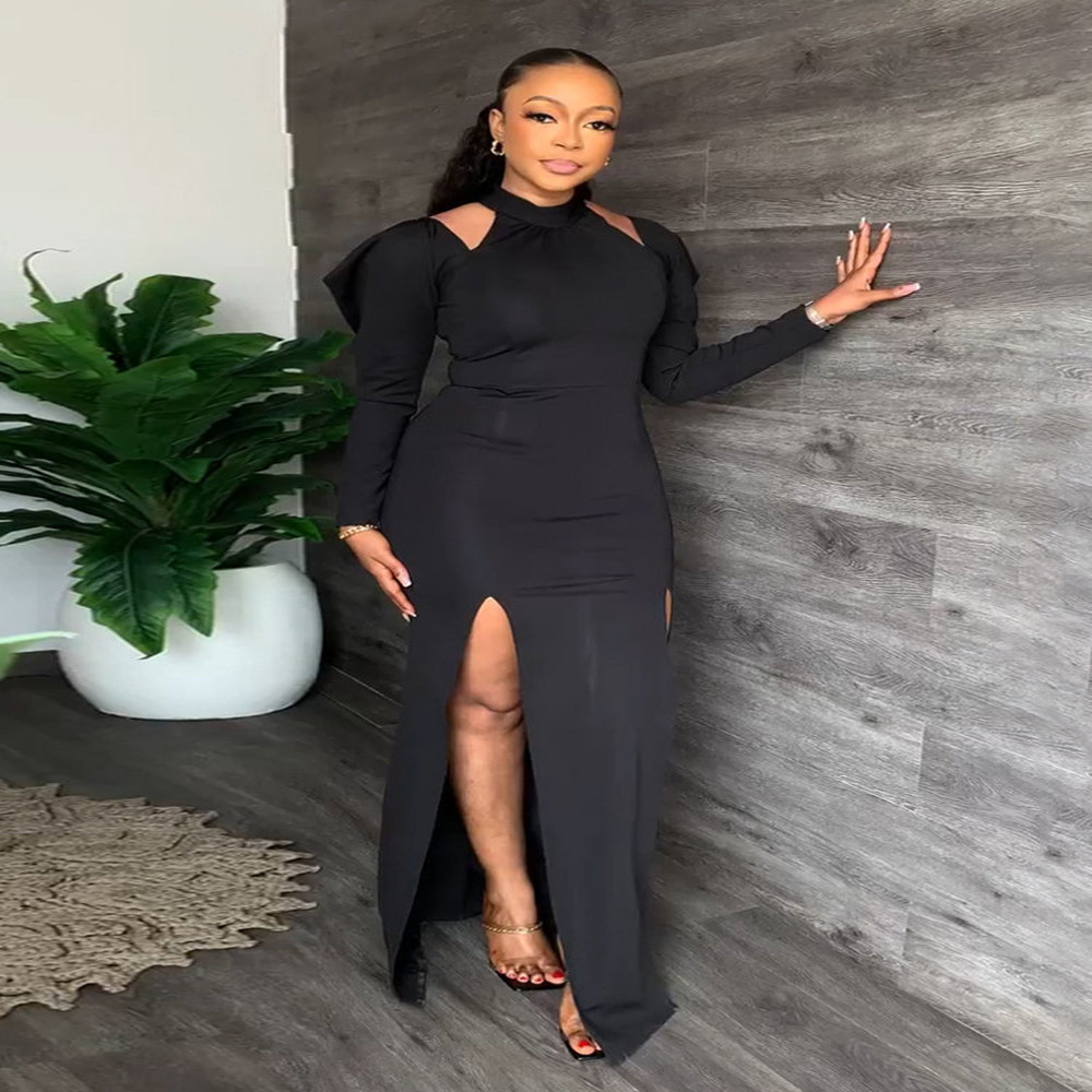 Women's Sexy Solid Color Off-shoulder Split Invisible Zipper Dress With Belt