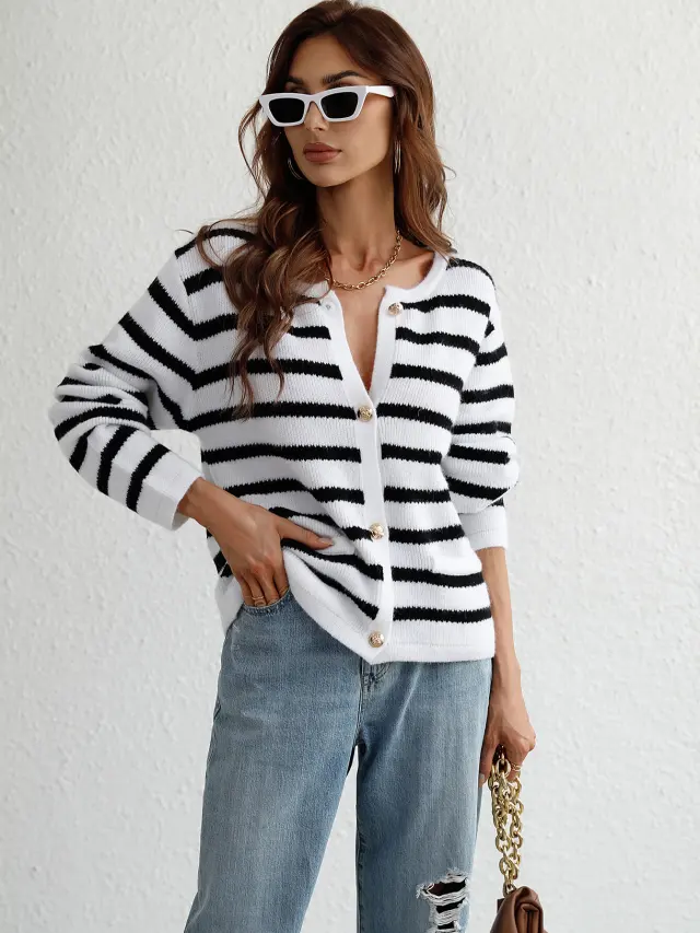 Striped Women's Single breasted Cardigan Sweater White - Shop at LoveMi