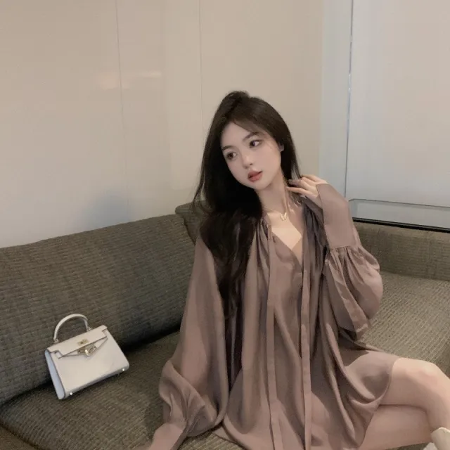 V neck Slightly Transparent Autumn Loose Bubble Sleeve Shirt Coffee - Shop at LoveMi