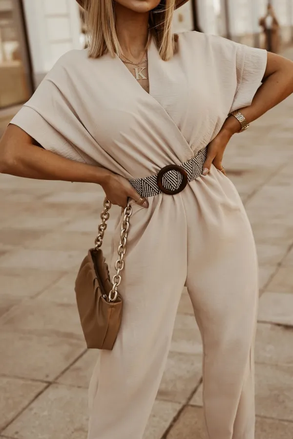 New Short Sleeve V Neck Doll Sleeve Elastic Waist Jumpsuit Apricot - Shop at LoveMi
