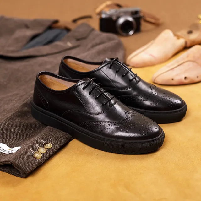 New Summer Men's Shoes Cowhide Breathable Broch Carved Black - Shop at LoveMi