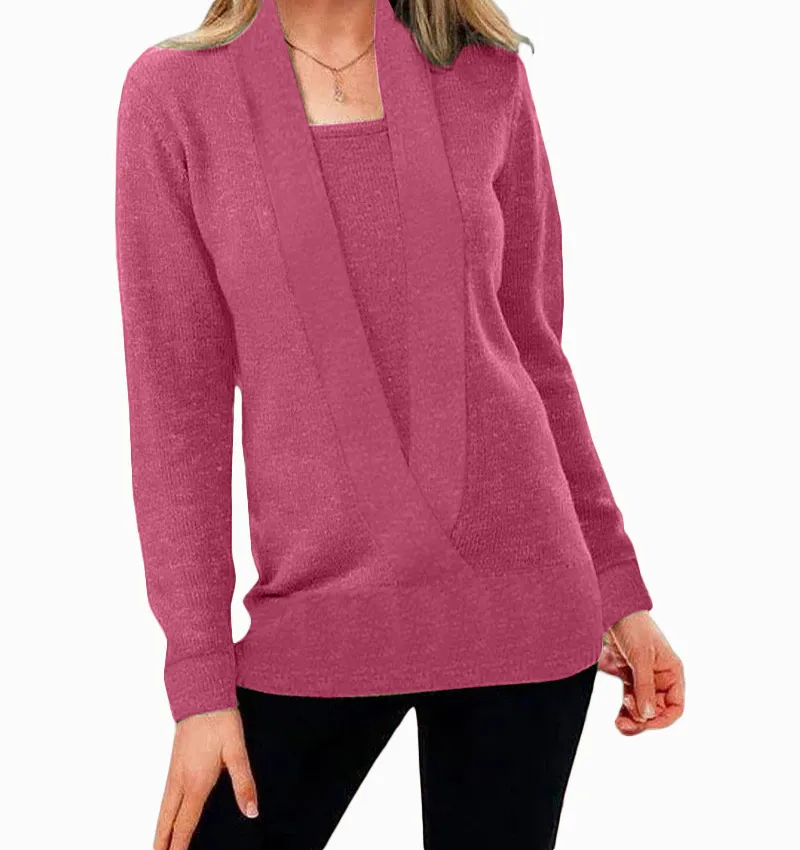 Knitted Solid Color Deep V-neck Long Sleeved Sweater For Women - Red