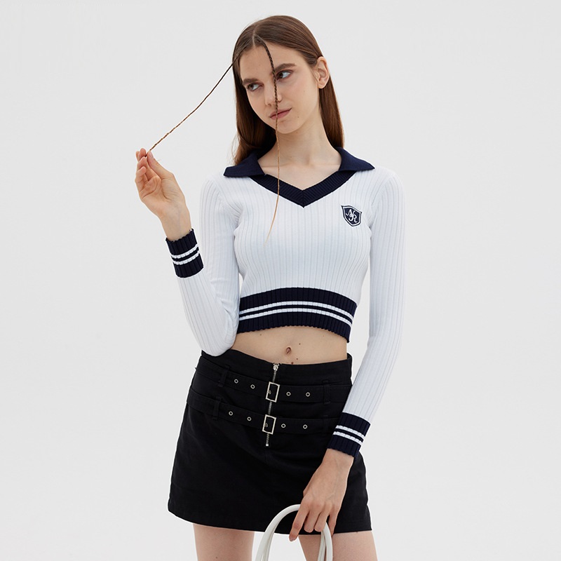 Women's Preppy Style Colorblock Long-sleeved Knitted Short Slim Top - Image 3