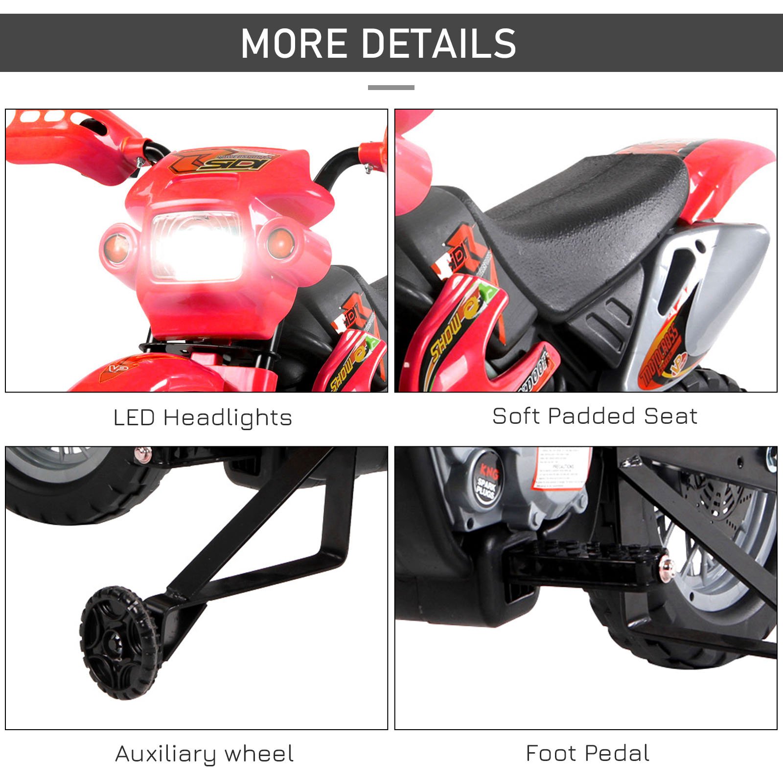 Moto eléctrica para niños de 6 V con ruedas de entrenamiento, a batería, color rojo / Kids 6V Electric Ride-On Motorcycle With Training Wheels, Battery-Powered, Red 45