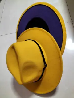 European And American Popular Woolen Top Color Matching Flat Brim Fedora Jazz Hat - A Yellow Inner Purple - View 1