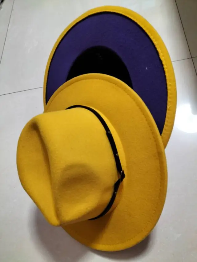 European And American Popular Woolen Top Color Matching Flat Brim Fedora Jazz Hat A Yellow Inner Purple - Shop at LoveMi
