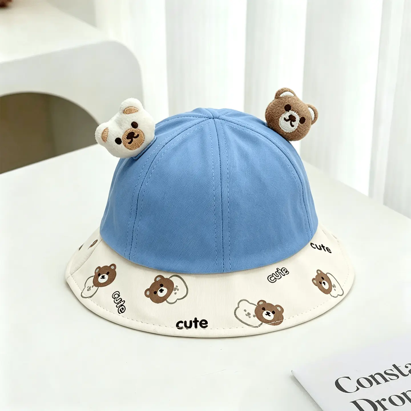 Summer Children's Double Bear-head Decorated Cute Letter Print Comfortable And Breathable Adorable Child-like Style Fishing Hat For Walking Or Going Out