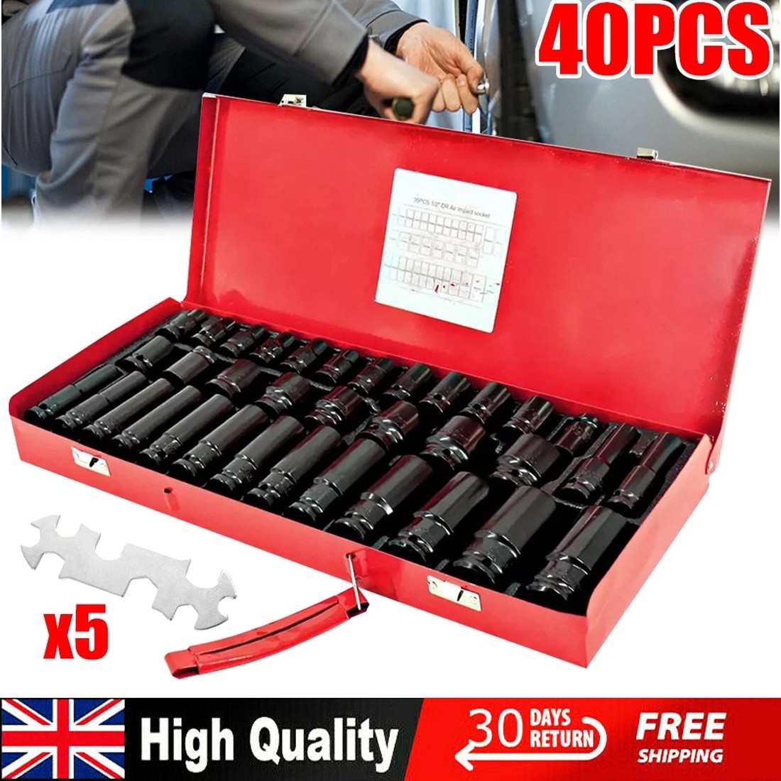 40 Piece Heavy Duty Car Truck Deep Impact Socket Set 1-2 Drive 8- 32mm Metric — image 5