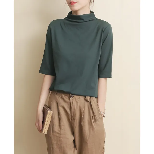 New Style Middle Sleeved Cotton T Shirt Literary Loose High Neck Bottoming Shirt Green - Shop at LoveMi
