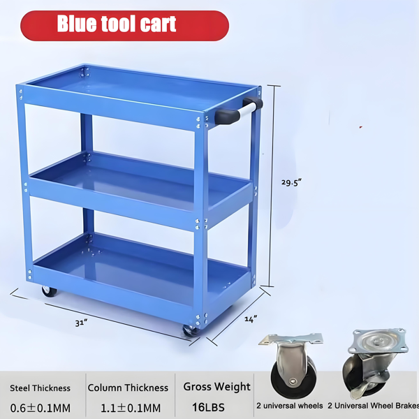 Upgrade 3-Tier Rolling Tool Cart With Lockable Wheels, Heavy Duty Steel Utility Cart, Kitchen Cart Organizer, Workshop Rolling Serving Cart For Garage, Warehouse, Blue thumbnail 5