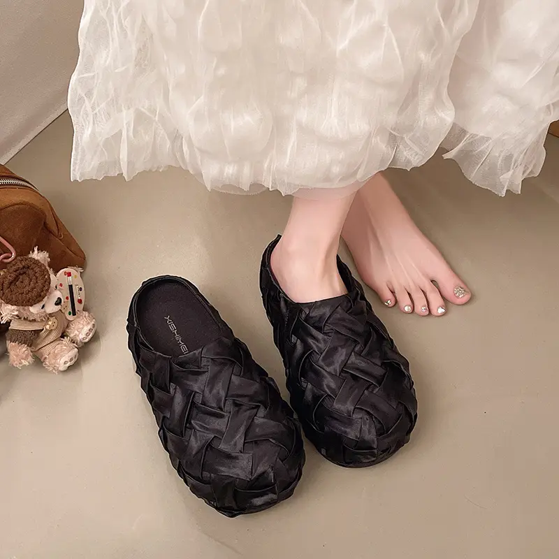 Women Minimalist Full Hand Woven Satin Mule Slides, Round Toe Backless Slip On Soft Glossy Silk Lazy Casual Daily Walking Flat Shoes