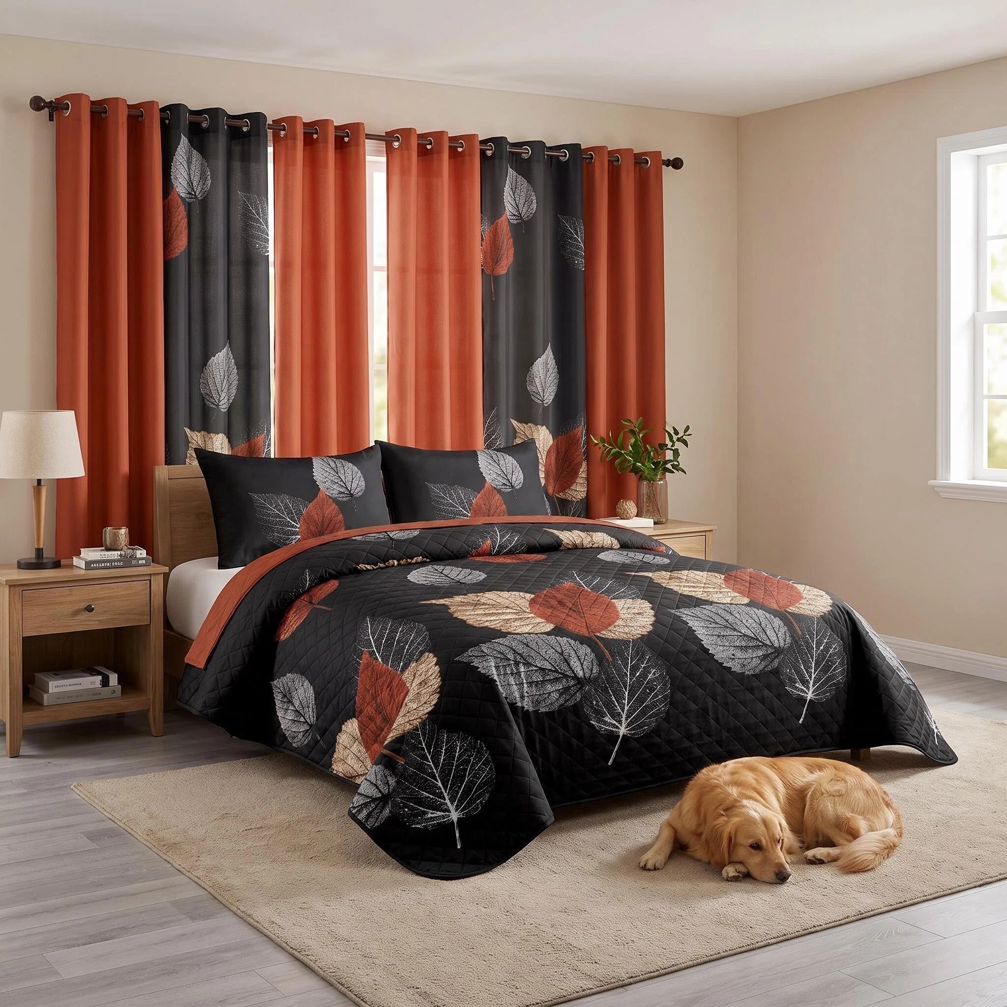9-Piece Brown And Black Leaf Quilted Bedspread And Curtain Set, Microfiber Bed Cover With 2 Pillow Shams And 6 Window Curtain Panels, Twin XL, Queen, King And California King