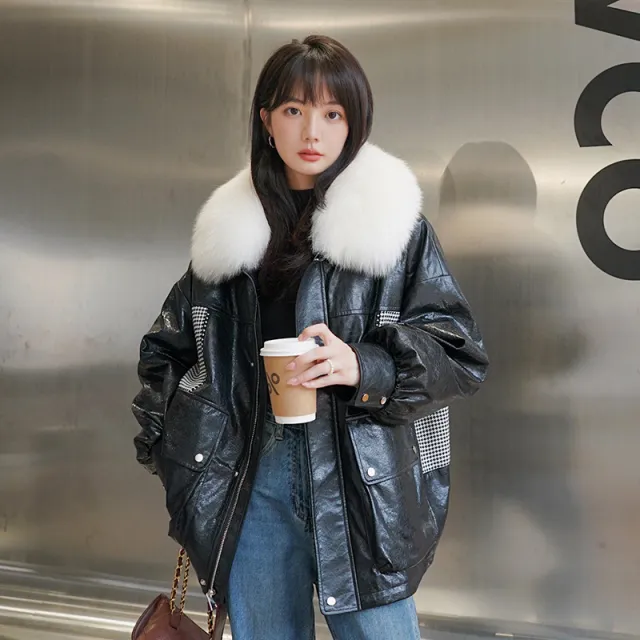 Loose Little Black Pie Overcoming Plaid Stitching Leather Coat And Cotton Jacket Black - Shop at LoveMi