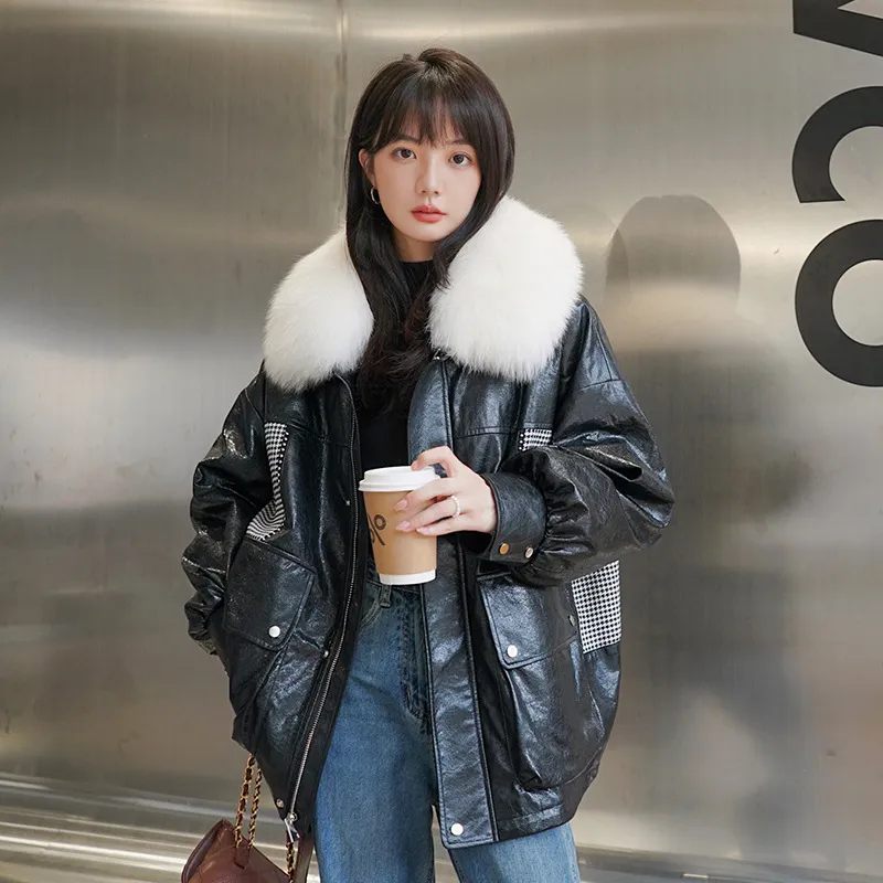 Loose Little Black Pie Overcoming Plaid Stitching Leather Coat And Cotton Jacket - Black