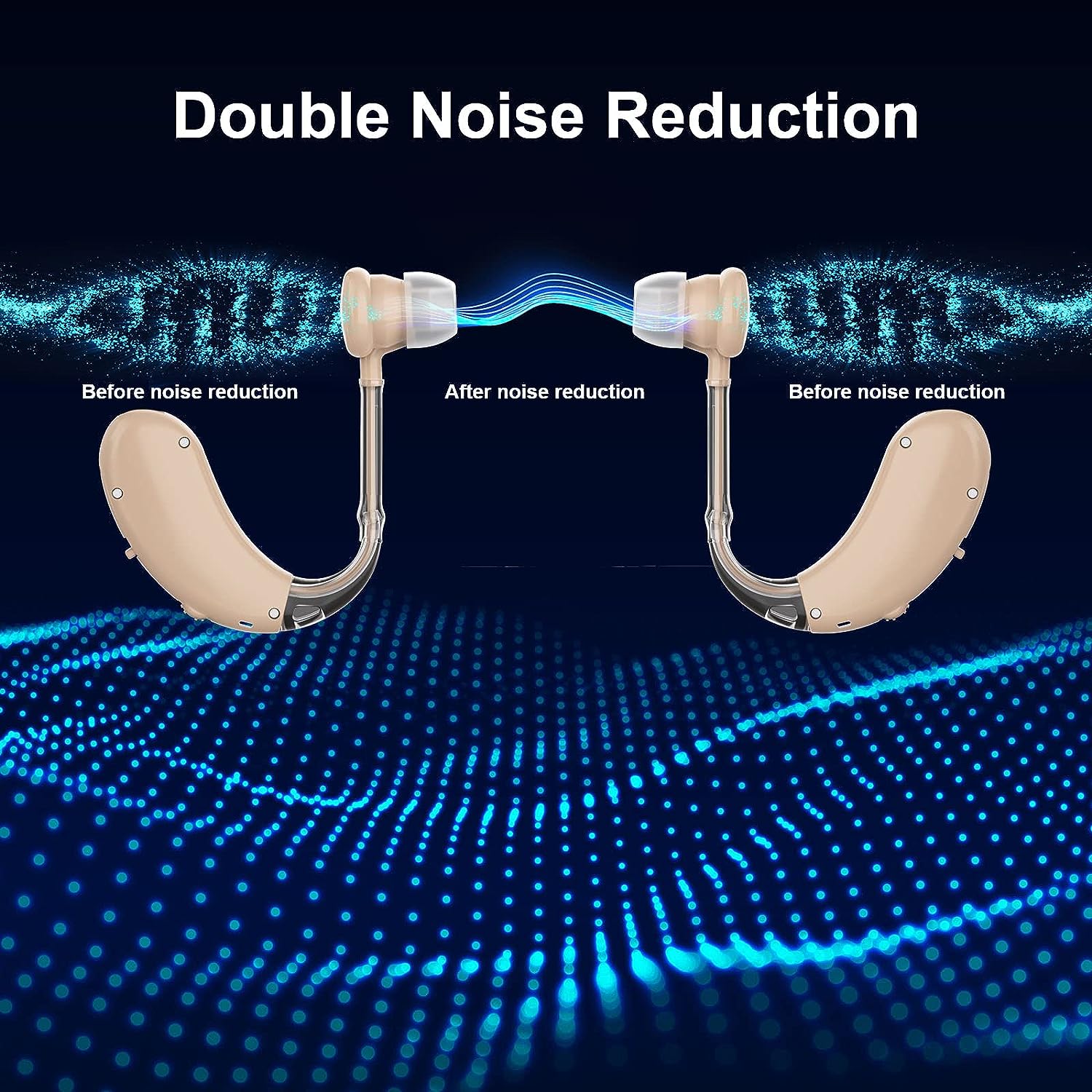 image of a rechargeable hearing aid with noise canceling technology for seniors and adults with hearing loss, in-ear design with volume control