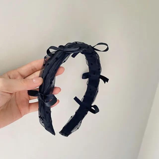 Lace Gauze Chiffon Polka Dot Retro Bow Headband Hair Accessories Women Black - Shop at LoveMi