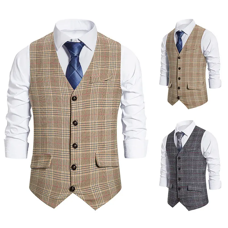 Men's Plaid Single Breasted Vest Style Suit