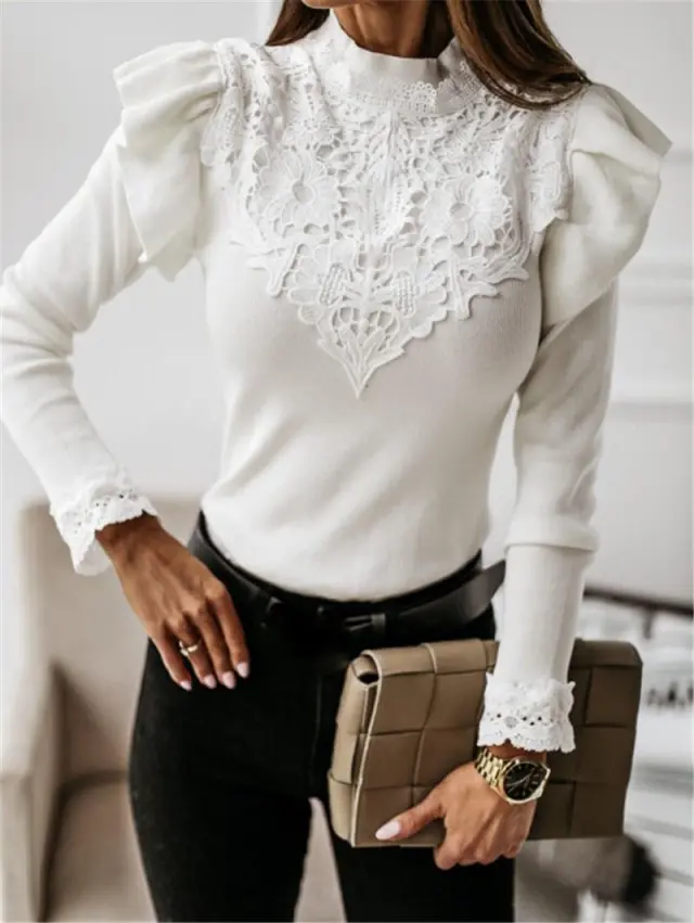 Autumn And Winter Long sleeved Round T4503XHneck Lace Decora White - Shop at LoveMi