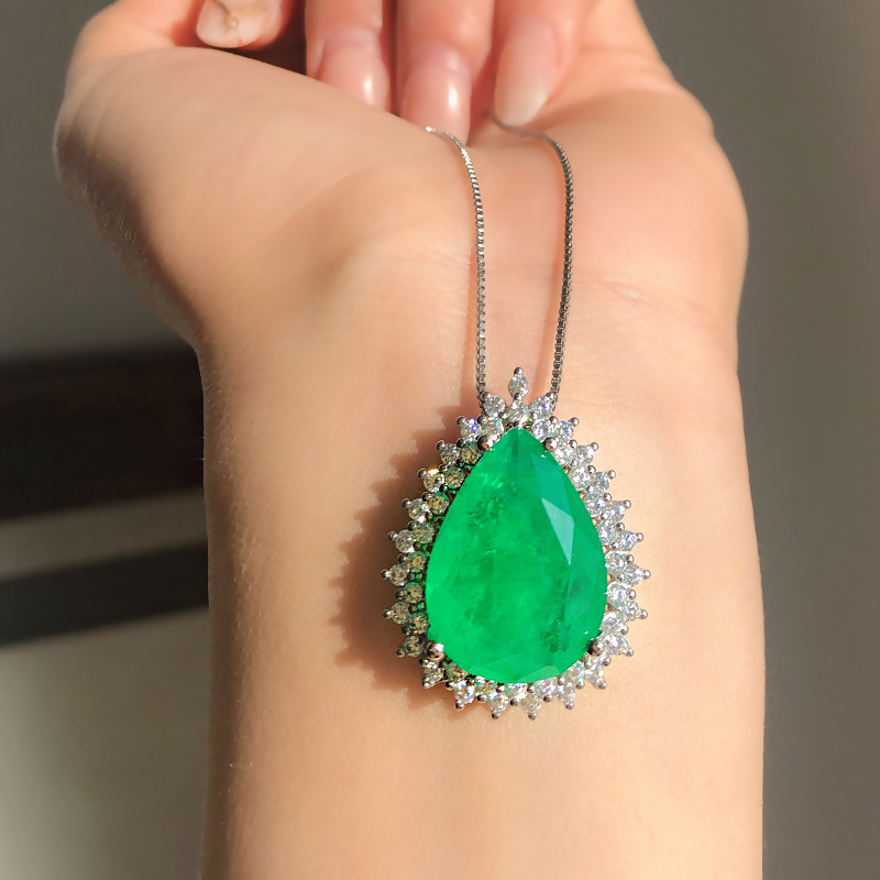 Light Luxury Water Drop Pendant Necklace For Women, Paraiba Tone Simulated Zirconia Clavicle Chain Full Pave Rhinestone Thin Chain Fashion Neck Jewelry — view 2