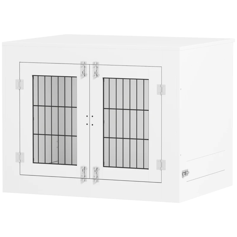 PawHut Dog Crate Furniture With 360 Rotatable Removable Dog Bowls, Dog Kennel Furniture For Medium Dogs, White