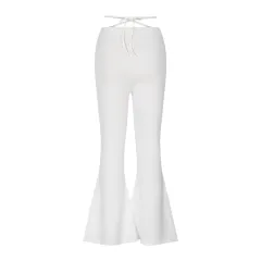 Women's V-Shaped Waist Cropped Navel Cross Strap Solid Color Flared Casual Pants - White - View 1