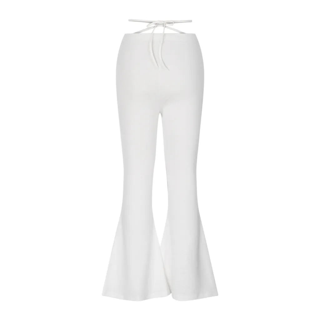 Women's V-Shaped Waist Cropped Navel Cross Strap Solid Color Flared Casual Pants - White