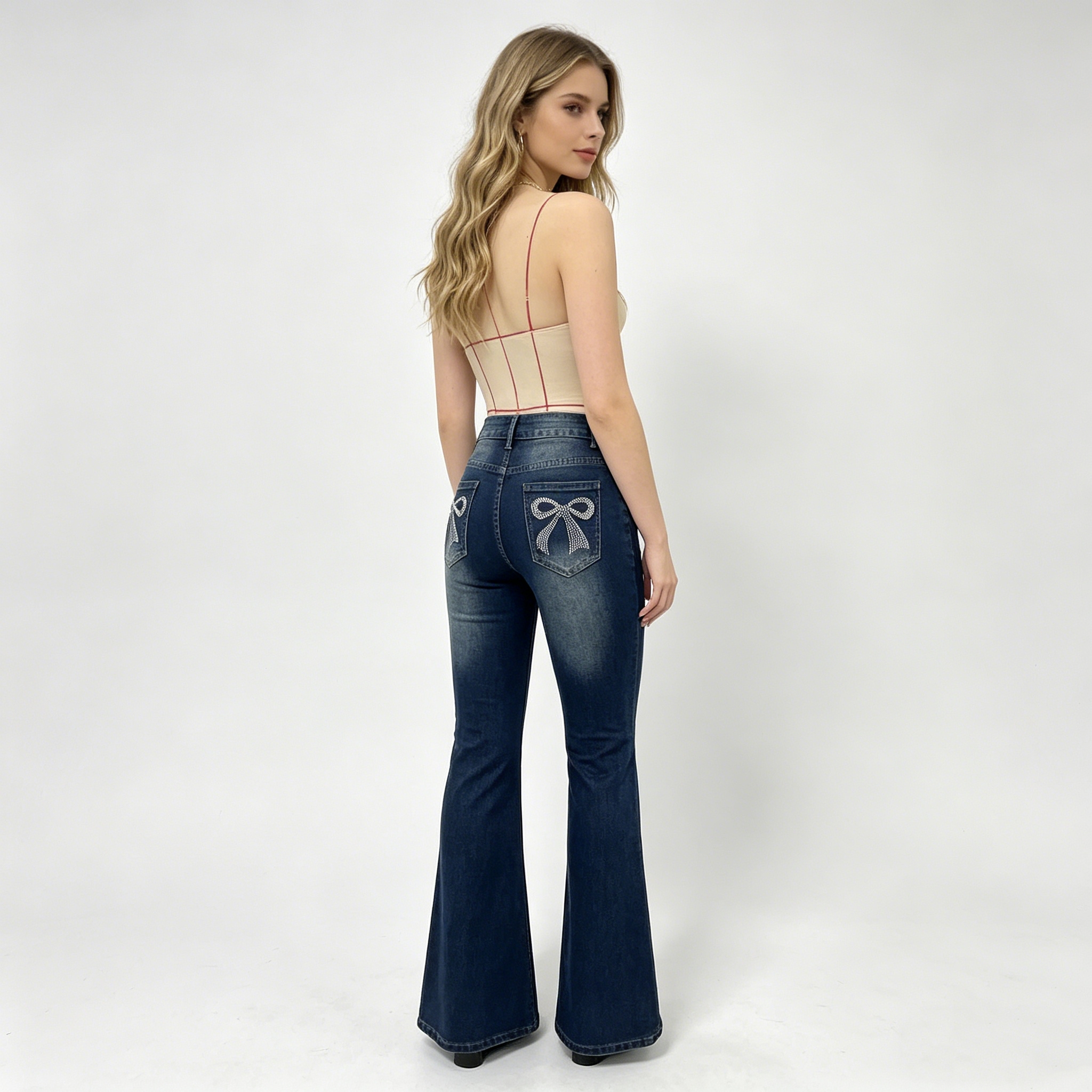 Women's Flared Jeans With Back Pocket Bow & Rhinestone Detail