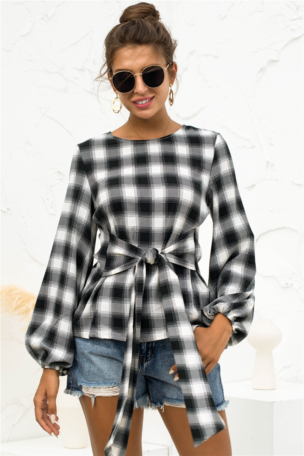 Title 3, Long Sleeved Retro Plaid Lace Up Shirt