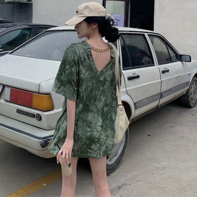 Open-back Design Short-sleeved T-shirt Tie-dye Loose