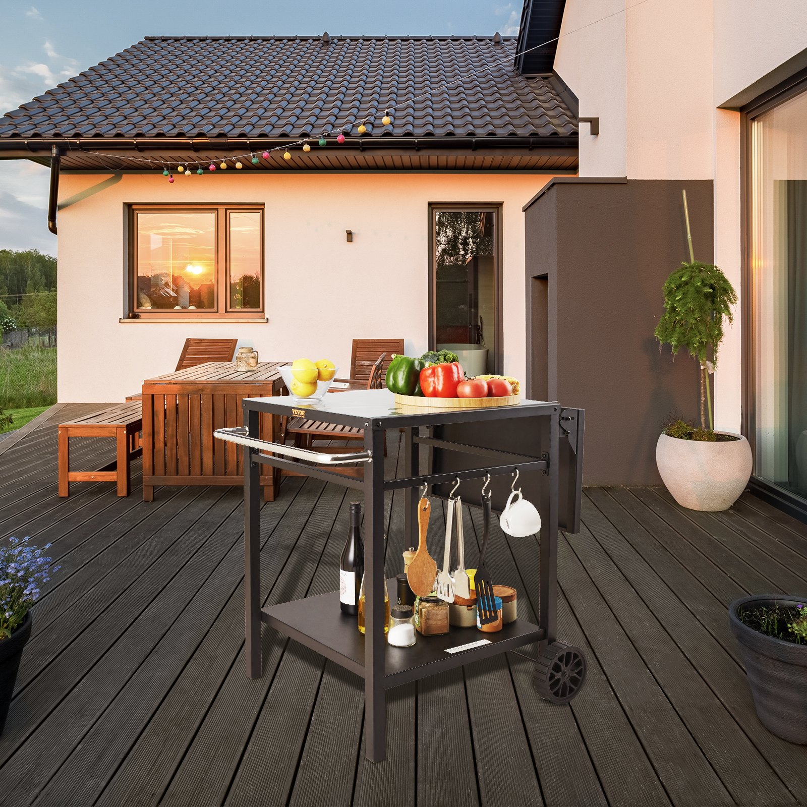 Outdoor Grill Dining Cart With Double Shelf, BBQ Movable Food Prep Table, Multifunctional... thumbnail 1