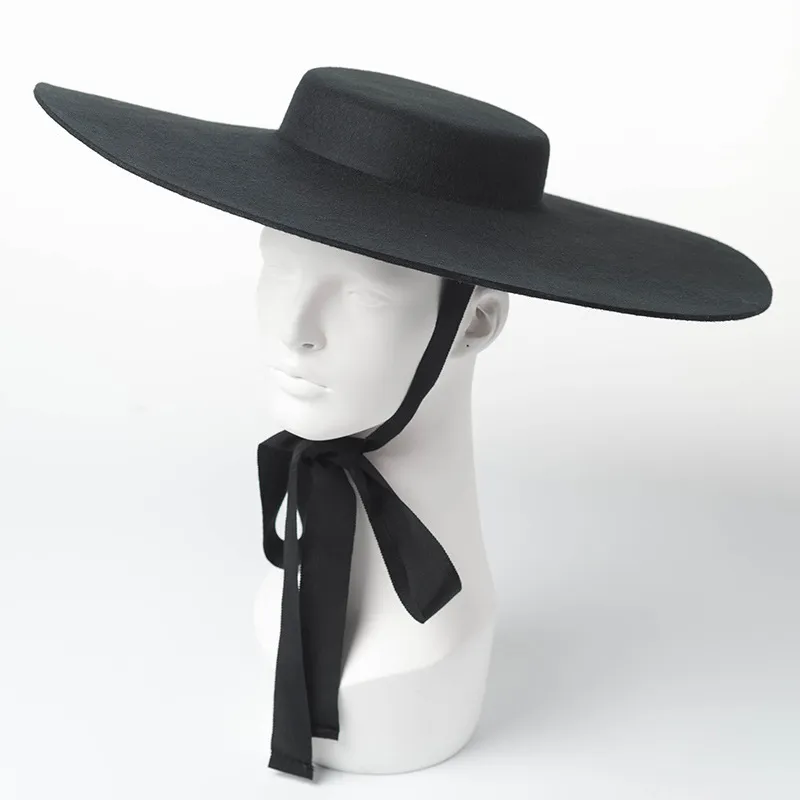 Light Flat Big Brim Wool Top Hat - Black