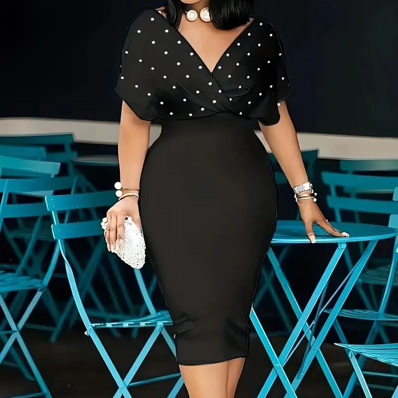 Women's Elegant Deep V Neck Wrap Bodycon Dress Back Zipper Pencil Midi Dress - Black