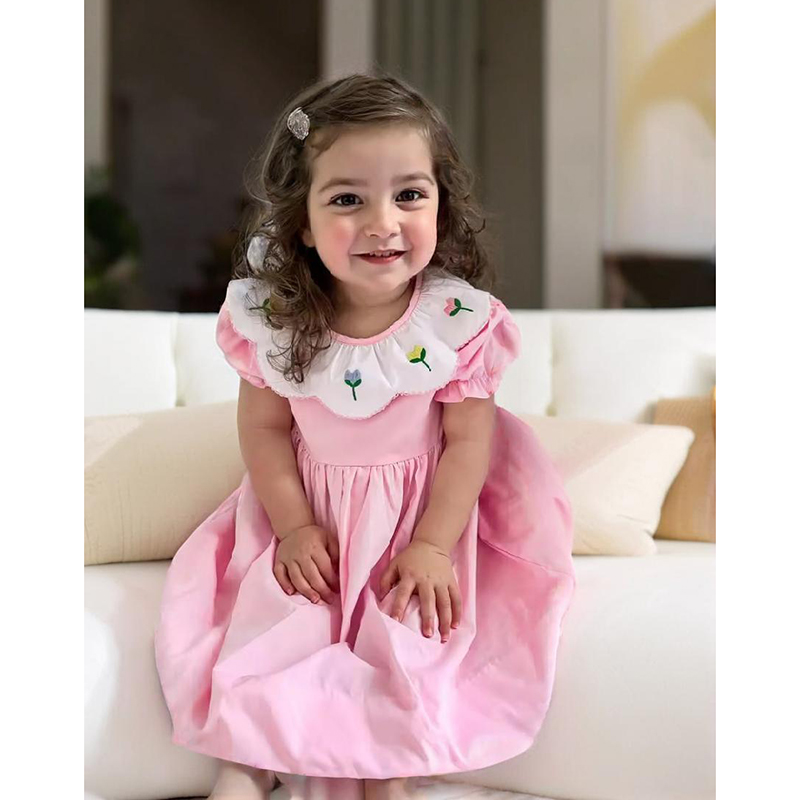 Toddler Baby Girl Spring Tulip Smocked Short Sleeve Dress With Lovely Tulip Embroidery Princess Dresses — view 3