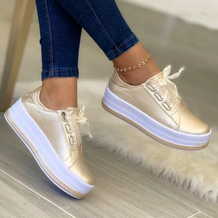 Fashion Flats Sneakers Women Ribbon Lace-up Platform Shoes - Gold