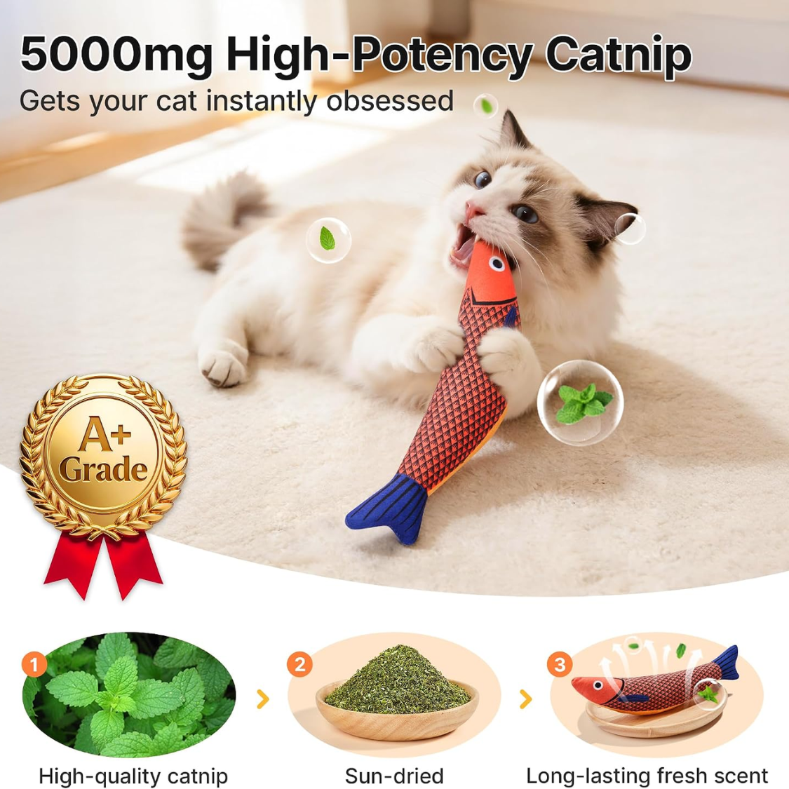 Cat Toys Saury Fish, 3 Pack, Catnip Crinkle Sound, Soft And Durable, Interactive Kitten Kicker For Indoor Kitty — foto 2