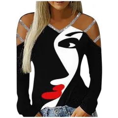 Ladies Casual V-Neck Printed Cutout Off Shoulder Long Sleeve T-Shirt - Black - View 1